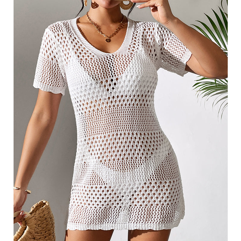 White cutout knit one-piece swimsuit, V-neck, short sleeves, mini length