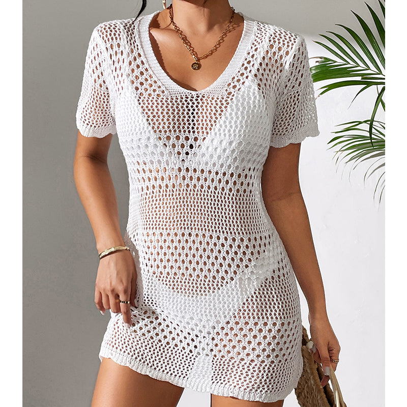 White cutout knit one-piece swimsuit, V-neck, short sleeves, openwork mini length