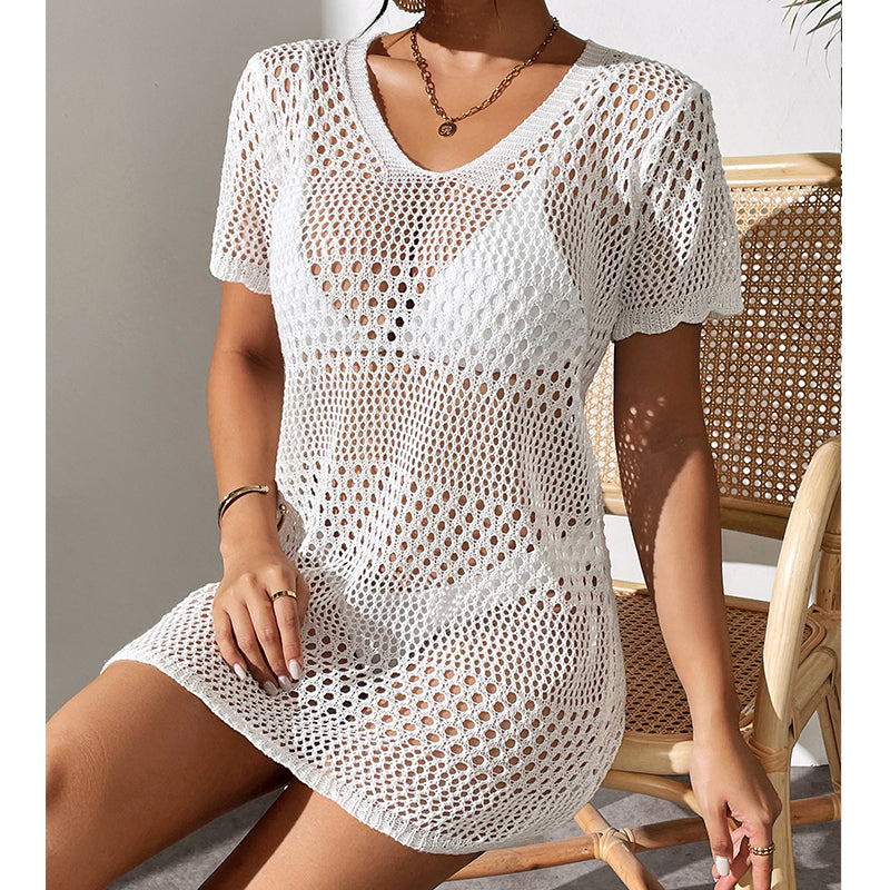 White cutout knit one-piece swimsuit, V-neck, short sleeves, openwork body