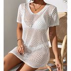 White cutout knit one-piece swimsuit, V-neck, short sleeves, openwork body