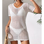 White cutout knit one-piece swimsuit, side view, V-neck and short sleeves, mini hem