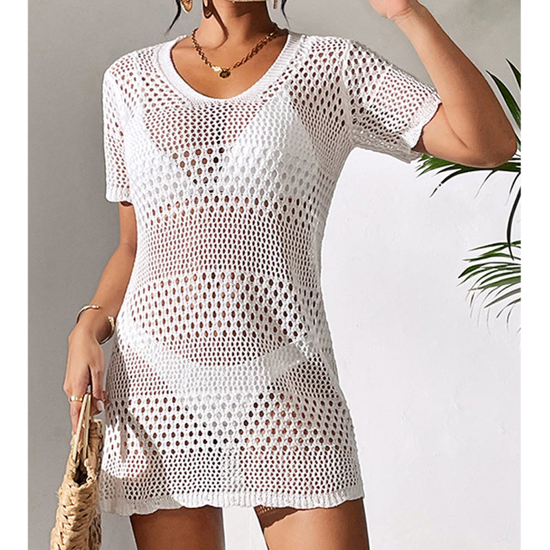 White cutout knit one-piece swimsuit, side view, V-neck and short sleeves, mini hem