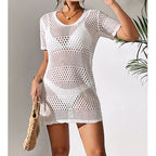 White cutout knit one-piece swimsuit, front view, short sleeves, mini hem