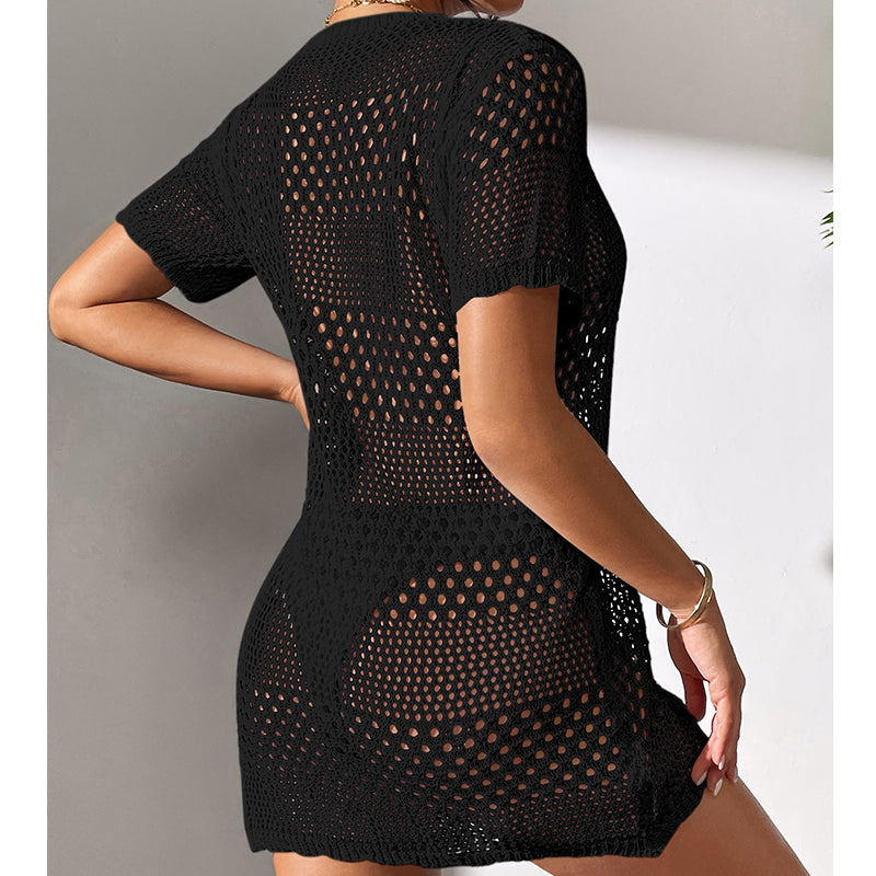 Black cutout knit one-piece swimsuit, open-knit back, short sleeves, mini length