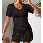 Black cutout knit one-piece swimsuit, V-neck, short sleeves, mini length