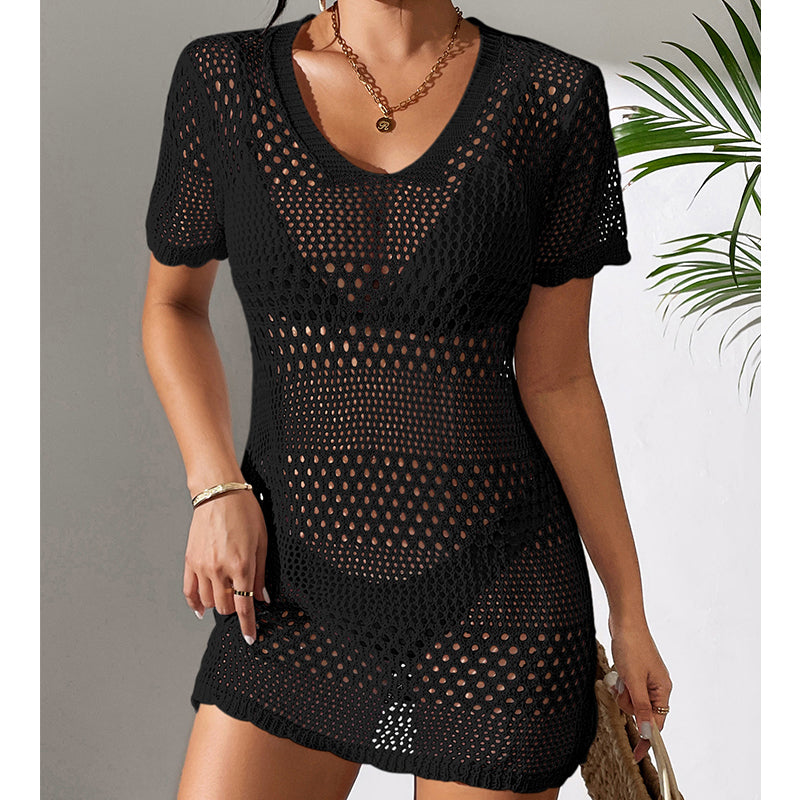 Black cutout knit one-piece swimsuit, V-neck front, short sleeves, mini hem