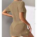 Khaki open-knit one-piece swimwear with V-neck and short sleeves