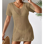 Khaki open-knit one-piece swimwear with round neckline and short sleeves