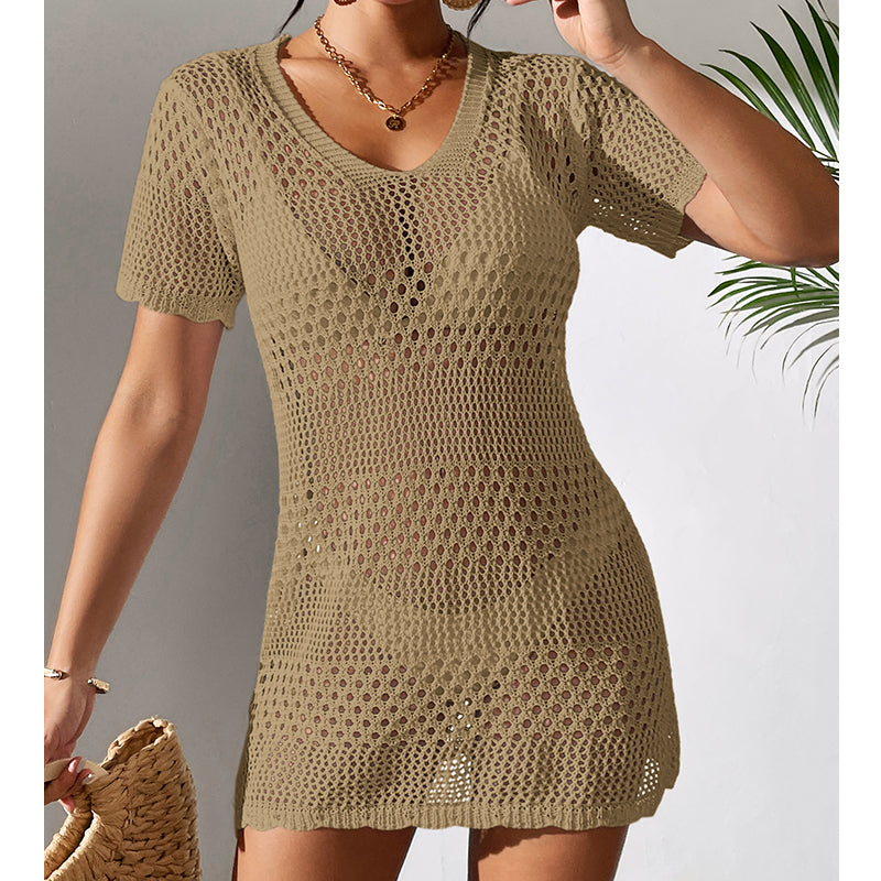 Khaki open-knit one-piece swimwear with round neckline and short sleeves
