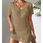 Khaki open-knit one-piece swimwear with V-neck and short sleeves