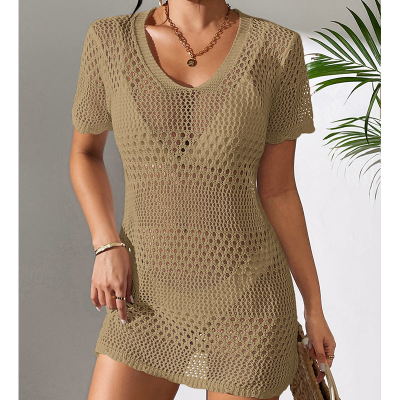 Khaki open-knit one-piece swimwear with V-neck and short sleeves, textured hem