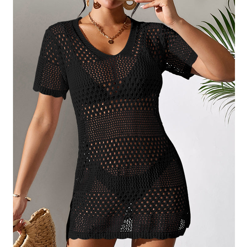 Black open-knit one-piece swimwear with V-neck and short sleeves