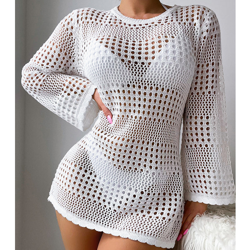 White hollow-out long-sleeve pullover sweater with round neck and open knit pattern