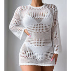 White hollow-out long-sleeve pullover sweater with openwork mesh knit and scalloped hem