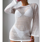 White hollow-out long-sleeve pullover sweater with round neckline and lattice open-knit