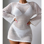White hollow-out long-sleeve pullover sweater with openwork mesh knit and curved hem