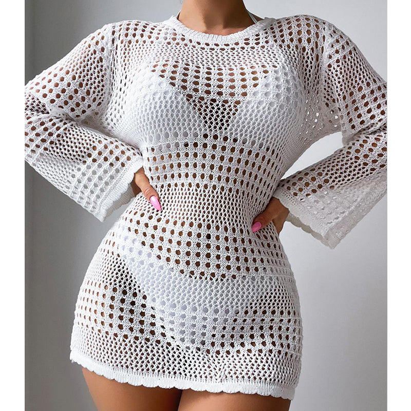 White hollow-out long-sleeve pullover sweater with openwork mesh knit and curved hem