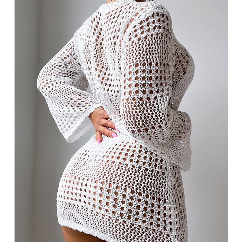 White hollow-out long-sleeve pullover sweater, open knit back view with round neck