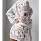 White hollow-out long-sleeve pullover sweater, open knit back view with round neck