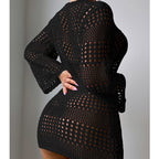Black hollow-out long-sleeve pullover sweater with round neck and openwork mesh knit