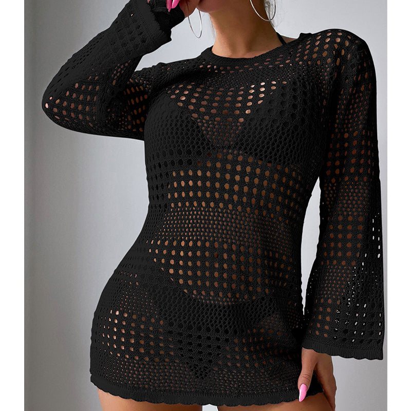 Black hollow-out long-sleeve pullover sweater with open lattice texture and curved hem