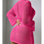 Bright pink hollow-out long-sleeve pullover sweater with round neck and open knit