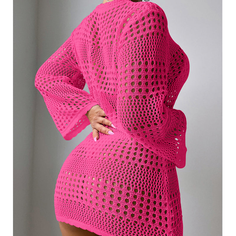 Bright pink hollow-out long-sleeve pullover sweater with round neck and open knit