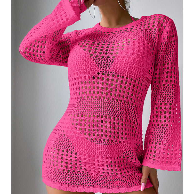 Bright pink hollow-out long-sleeve pullover sweater with round neckline and openwork knit