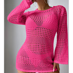 Bright pink hollow-out long-sleeve pullover sweater with round neckline and openwork knit