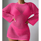 Coral pink hollow-out long sleeve pullover with round neck and knit crochet pattern