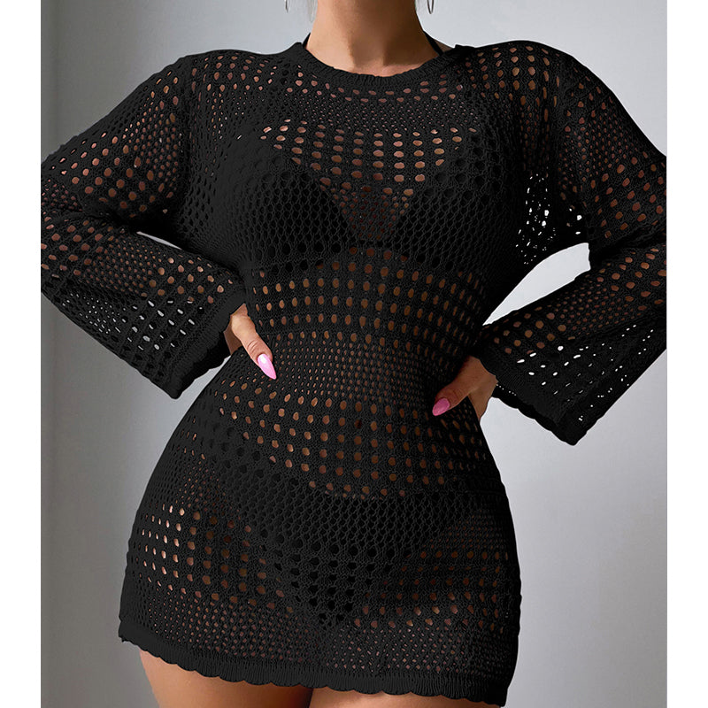 Black hollow-out long sleeve pullover with round neck and open knit crochet mesh