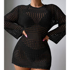 Black hollow-out long sleeve pullover with round neck and open knit crochet mesh