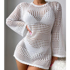 White hollow-out long sleeve pullover with round neck and open knit crochet mesh