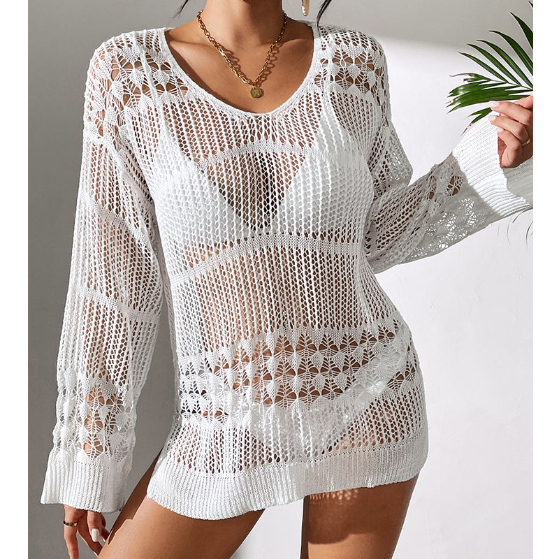 White hollow-out knit pullover with long sleeves and loose relaxed fit