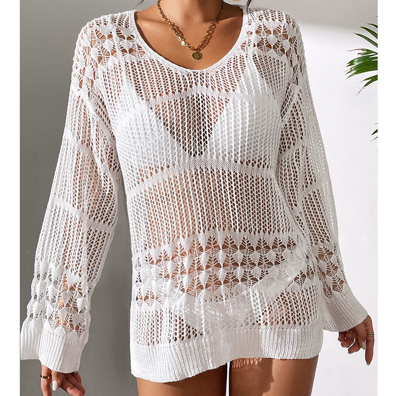 White hollow-out knit pullover sweater with V-neck and wide long sleeves