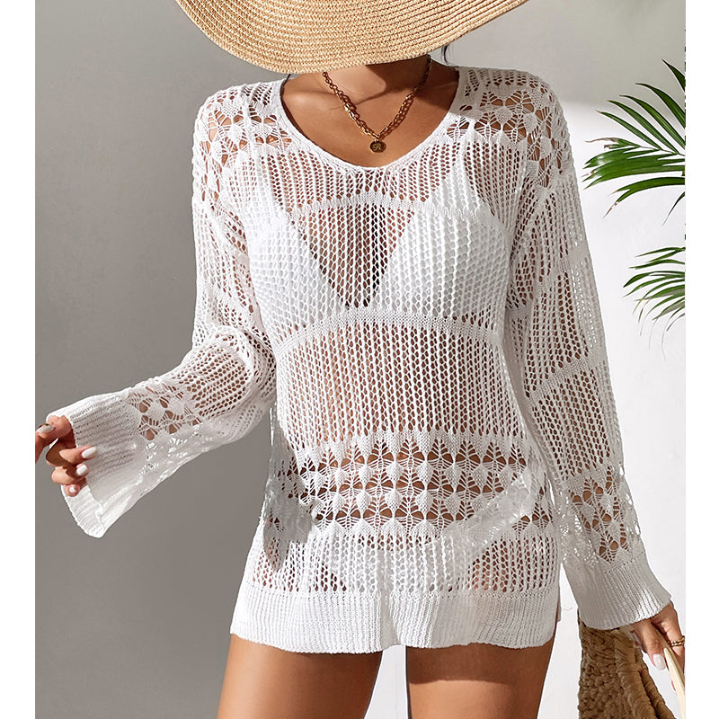 White crochet-knit pullover with V-neck and repeating openwork patterns
