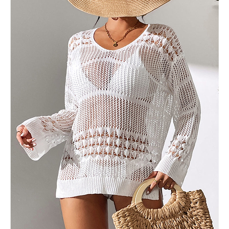 White hollow-out knit V-neck pullover with patterned yoke and ribbed cuffs
