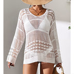White hollow-out knit pullover sweater with V-neck and ribbed sleeve cuffs
