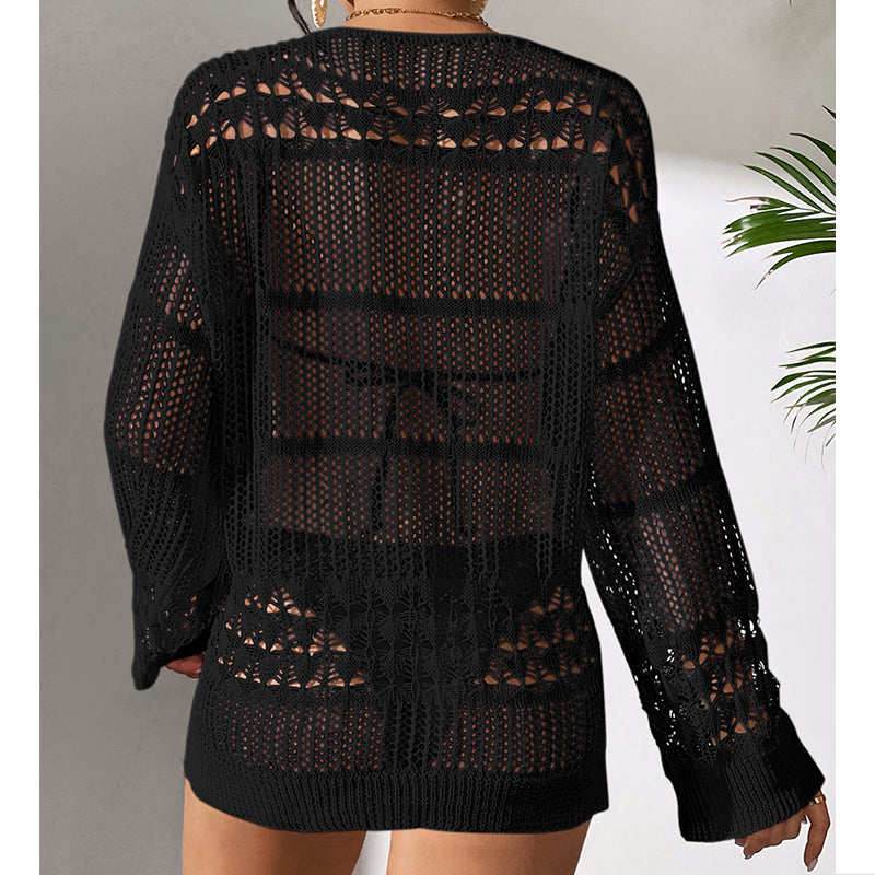 Black hollow-out knit pullover sweater with open back panel and long sleeves