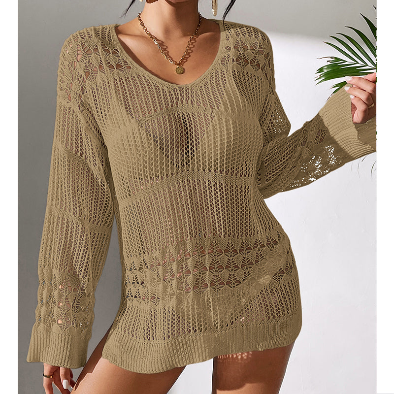 Khaki hollow-out knit pullover sweater with V-neck and long sleeves