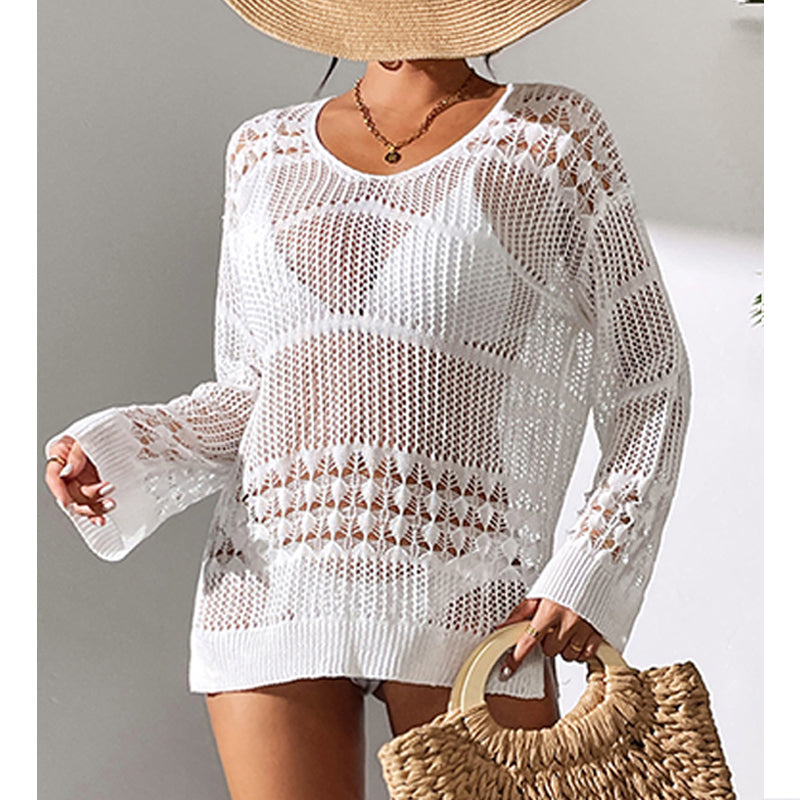 White hollow-out knit V-neck pullover with openwork stripe pattern and ribbed cuffs