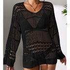 Black hollow-out knit pullover sweater with V-neck and openwork stripe bands