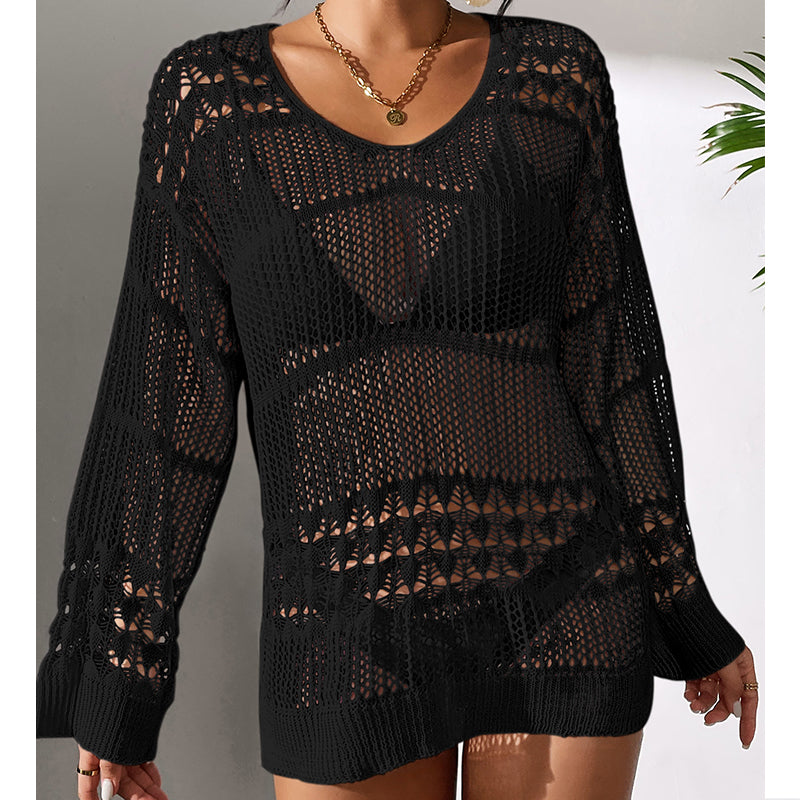 Black hollow-out knit pullover sweater with V-neck and openwork stripe bands