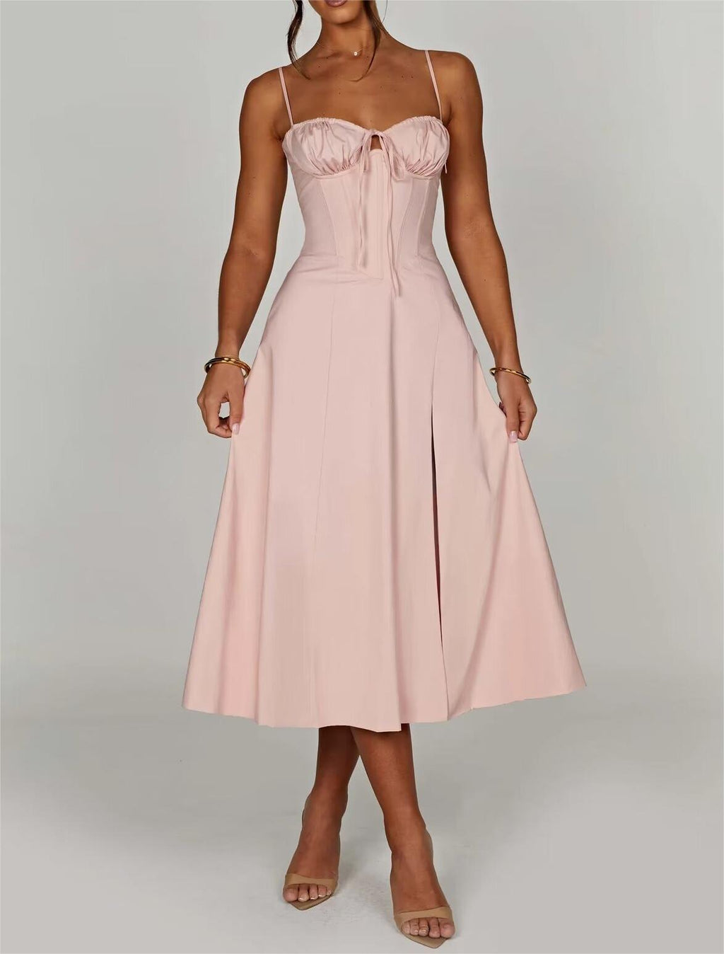 Women's V-Neck Tie Lace-Up Split A-Line Midi Dress