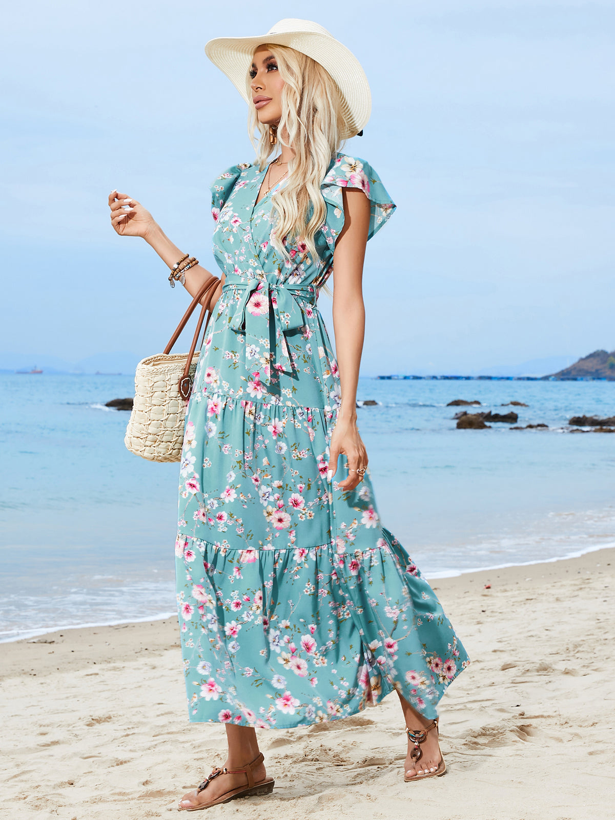 Floral Waist Strap V-Neck Short-Sleeve Bohemian Holiday Beach Dress