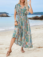 V-Neck Backless Print Ruffled Short-Sleeve Split Holiday Dress