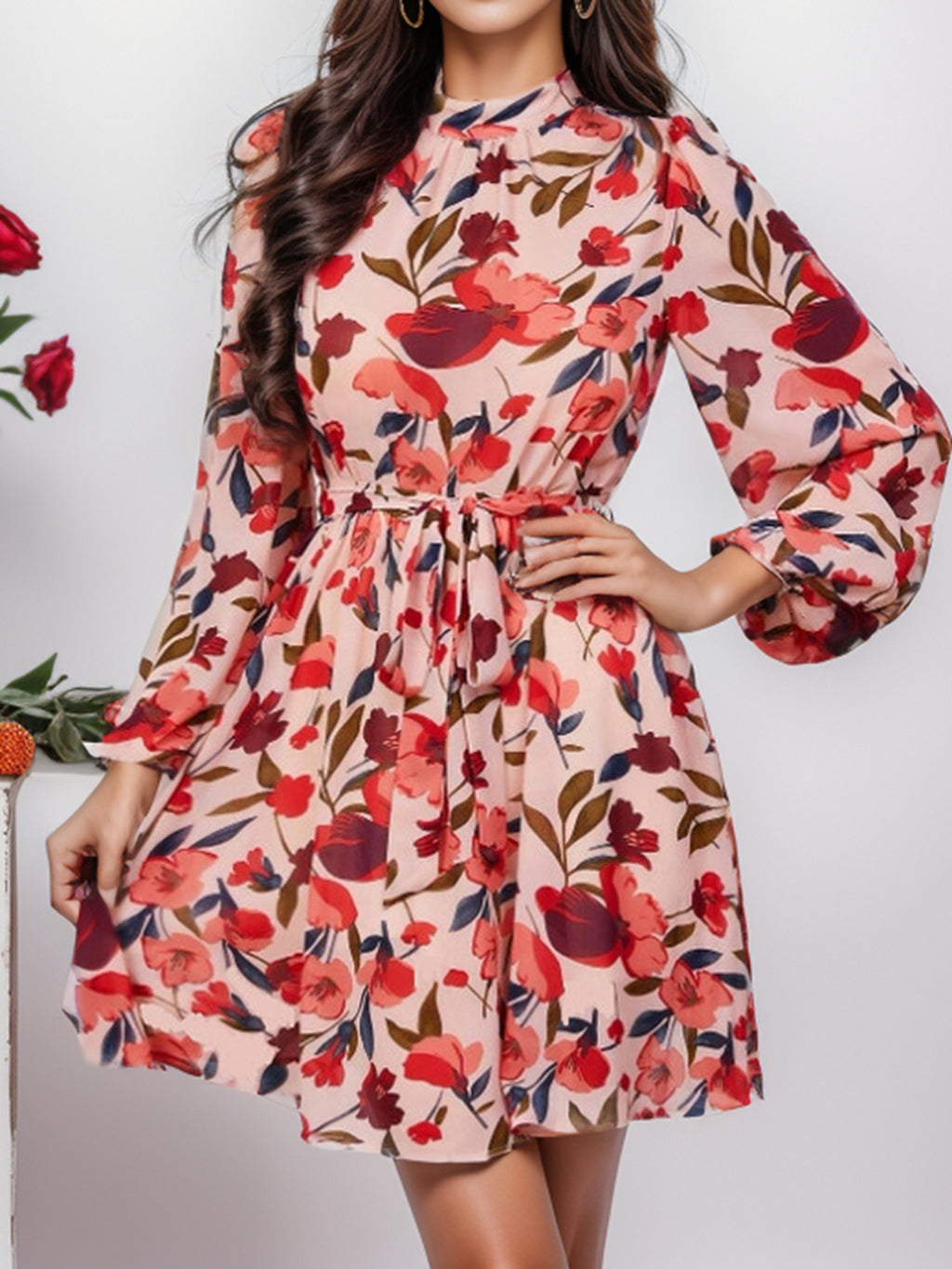 And Autumn Printed Belt Button Long-Sleeve Round-Neck Dress