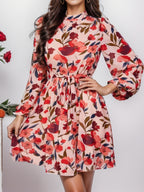 And Autumn Printed Belt Button Long-Sleeve Round-Neck Dress