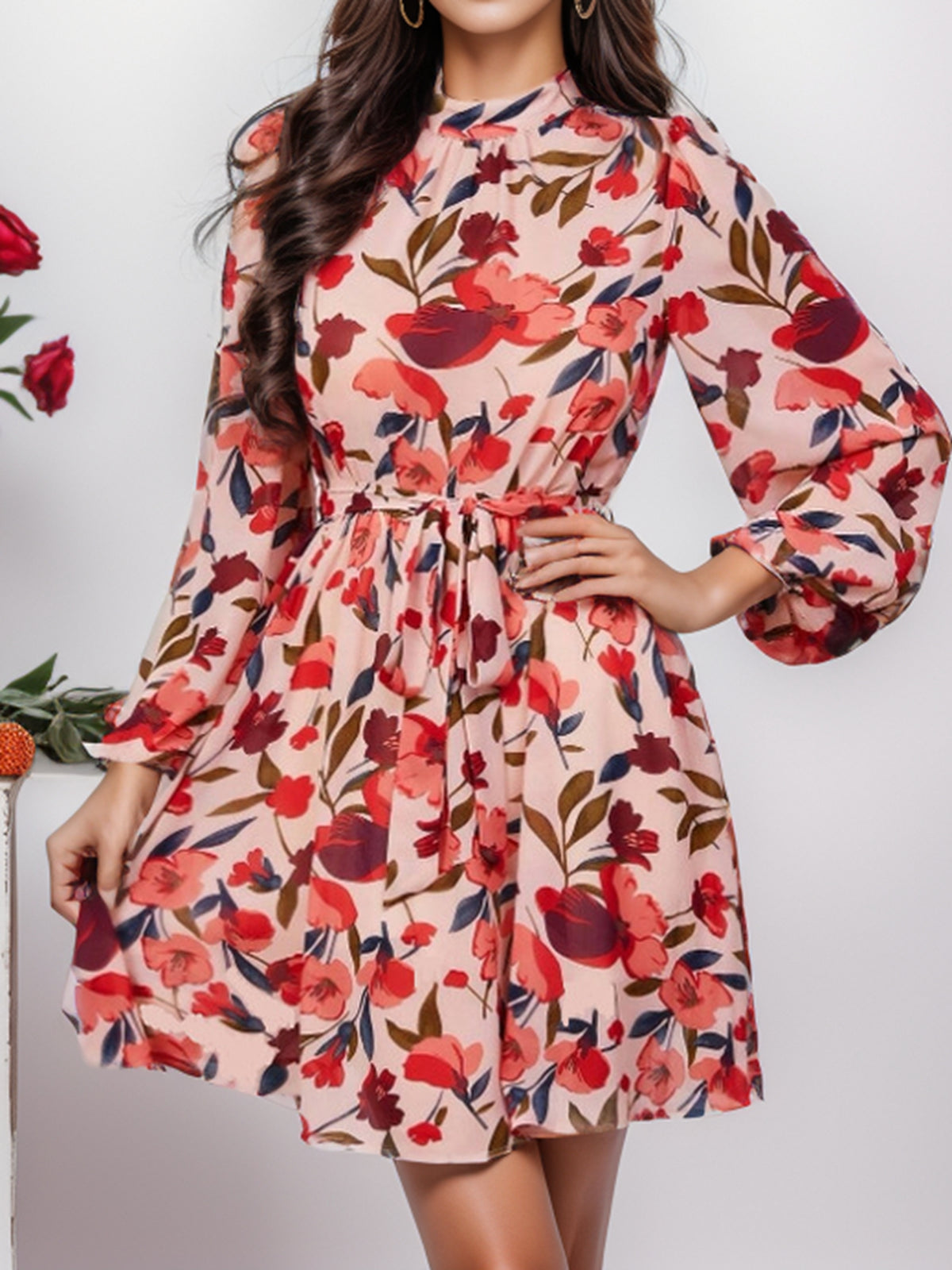 And Autumn Printed Belt Button Long-Sleeve Round-Neck Dress