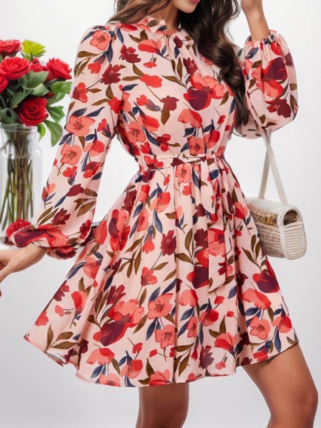 And Autumn Printed Belt Button Long-Sleeve Round-Neck Dress